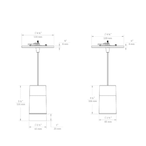SDR Droplit discreet canopy dimensional drawing: with SN - snoot / AS - acrylic snoot (left), standard fixture (right)
