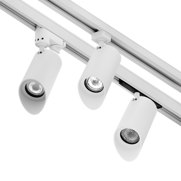 PW - Perfect White LCM-WW trackhead with GAIA G-Type adapter linear spread lens (left), JLH-Adapter (center), GAIA+ concealed adapter and with louver (right)