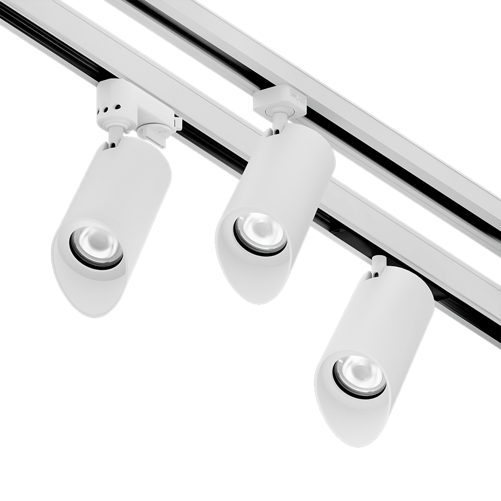 PW - Perfect White LCM-WW trackhead with GAIA G-Type adapter linear spread lens (left), JLH-Adapter (center), GAIA+ concealed adapter and with louver (right)