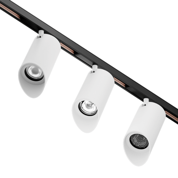 PW - Perfect White LCM-WW trackhead with Scatto 48V low voltage adapter: linear spread lens (left), no lens (center), louver (right)