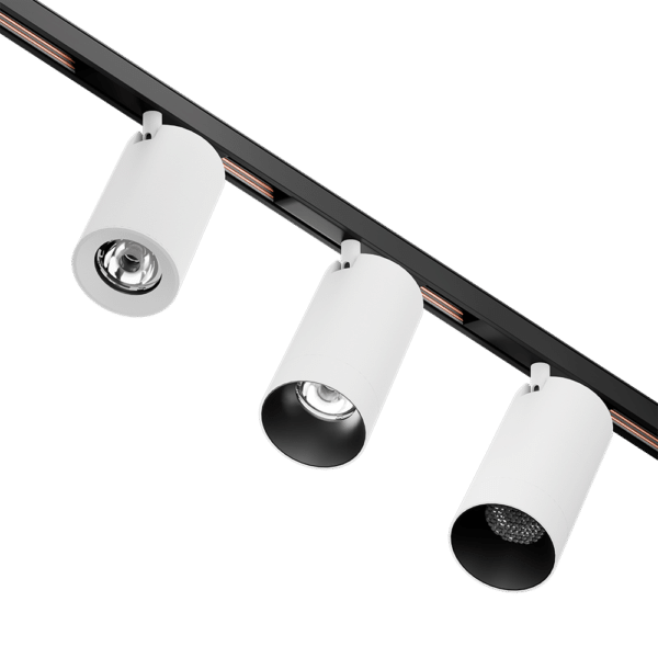 PW - Perfect White LCM trackhead with Scatto 48V low voltage adapter: standard ring (Left), matching snoot (center), and matching snoot with louver (right)