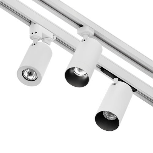 PW -  Perfect White LCM trackhead with GAIA G-Type adapter and standard ring (left), JLH adapter and matching snoot (center), GAIA+ concealed adapter and matching snoot with louver (right)