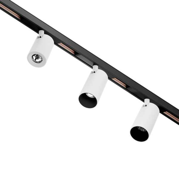 PW - Perfect White LCN trackhead with Scatto 48V low voltage adapter: standard ring (Left), matching snoot (center), and matching snoot with louver (right)