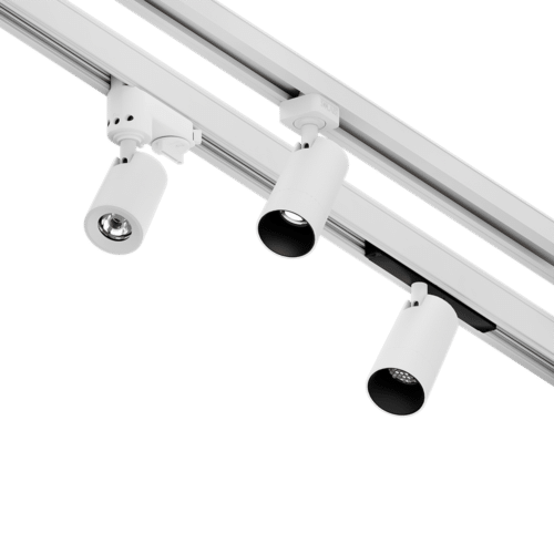 PW - Perfect White LCN trackhead with GAIA G-Type adapter and standard ring (left), JLH adapter and matching snoot (center), GAIA+ concealed adapter and matching snoot with louver (right)
