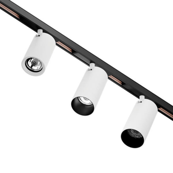 PW - Perfect White LCS trackhead with Scatto 48V low voltage adapter: standard ring (Left), matching snoot (center), and matching snoot with louver (right)