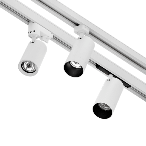 PW -  Perfect White LCS trackhead with GAIA G-Type adapter and standard ring (left), JLH adapter and matching snoot (center), GAIA+ concealed adapter and matching snoot with louver (right)