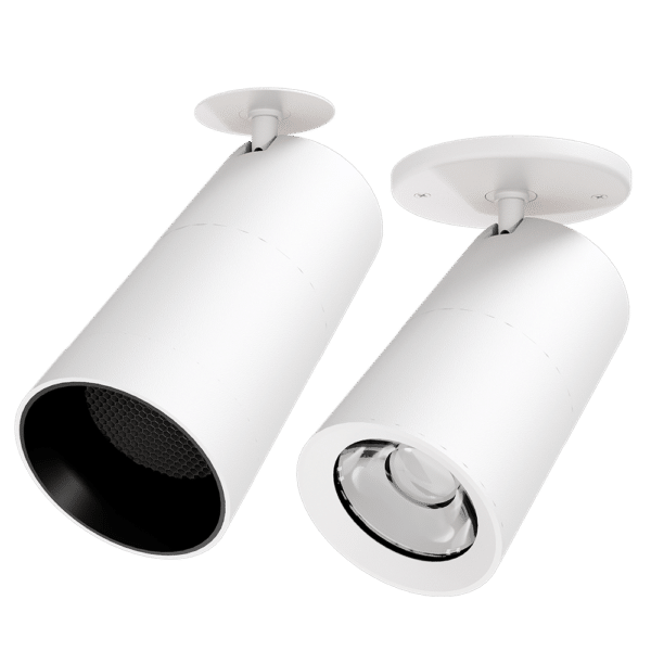 PW - Perfect White LCG canopy mount head with standard ring (right) and discreet canopy and matching snoot with louver (Left)