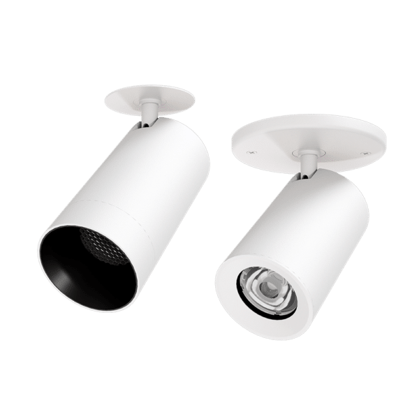 PW - Perfect White LCM canopy mount head with standard ring (right) and discreet canopy and matching snoot with louver (Left)