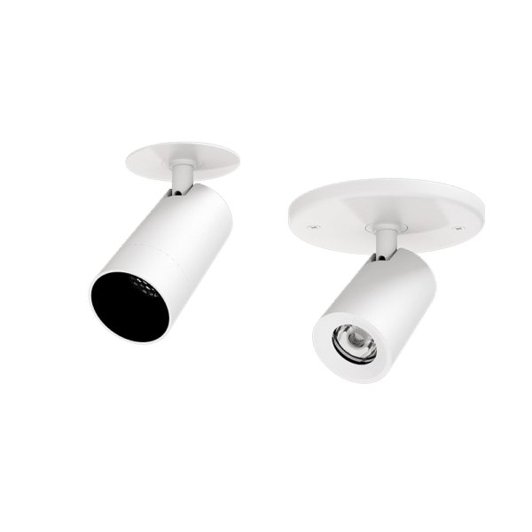 PW - Perfect White LCN canopy mount head with standard ring (right) and discreet canopy and matching snoot with louver (Left)