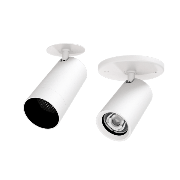 PW - Perfect White LCS canopy mount head with standard ring (right) and discreet canopy and matching snoot with louver (Left)
