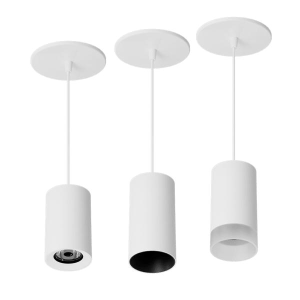 PW - Perfect White Canopy Mount MDR Droplit pendant: standard (left), SN - matching snoot (middle), AS - acrylic snoot (right)