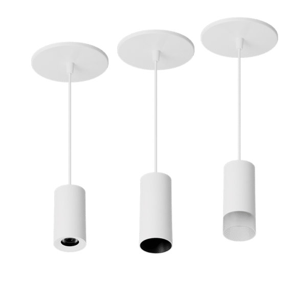 PW - Perfect White Canopy Mount NDR Droplit pendant: standard (left), SN - matching snoot (middle), AS - acrylic snoot (right)