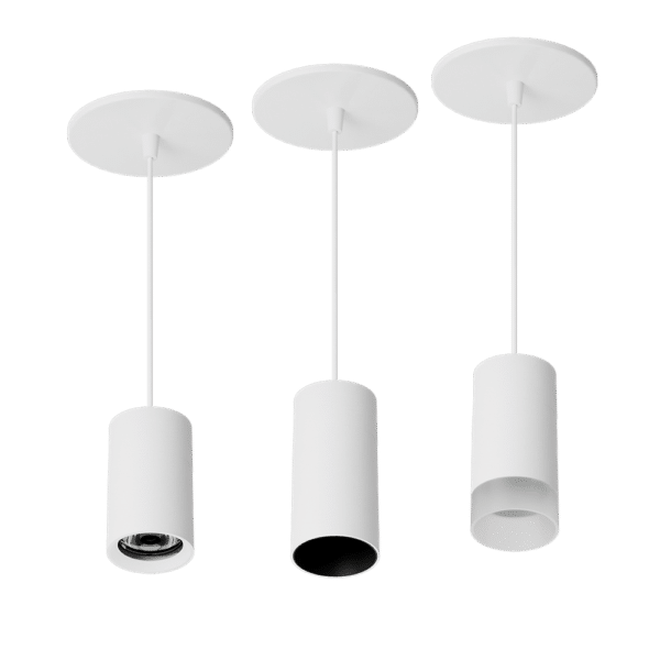 PW - Perfect White Canopy Mount SDR Droplit pendant: standard (left), SN - matching snoot (middle), AS - acrylic snoot (right)